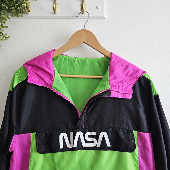 NASA Pink Green Neon Colorblock Windbreaker Pullover by Chemistry – Size L - Picture 2 of 16